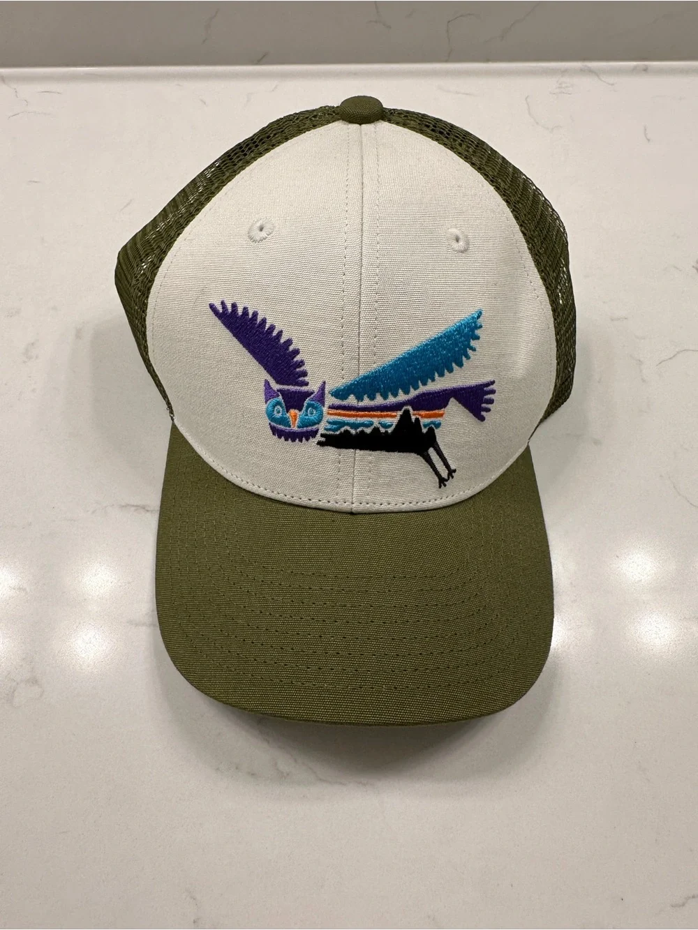 Patagonia Kids White & Olive Trucker Hat with Colorful Embroidered Owl